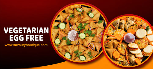 Vegetarian (Egg Free) Collection - Showing samoosas, pizza and shawarmas - Savoury Boutique